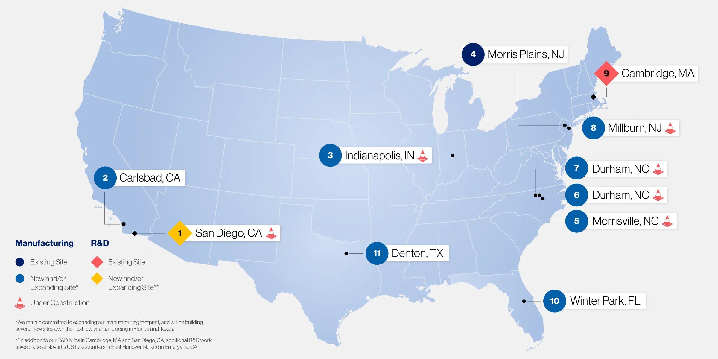 Map of Novartis manufacturing plants and r&d sites across the US